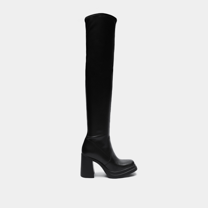 Bottes à plateformes et bouts carrés  en cuir et stretch noir
