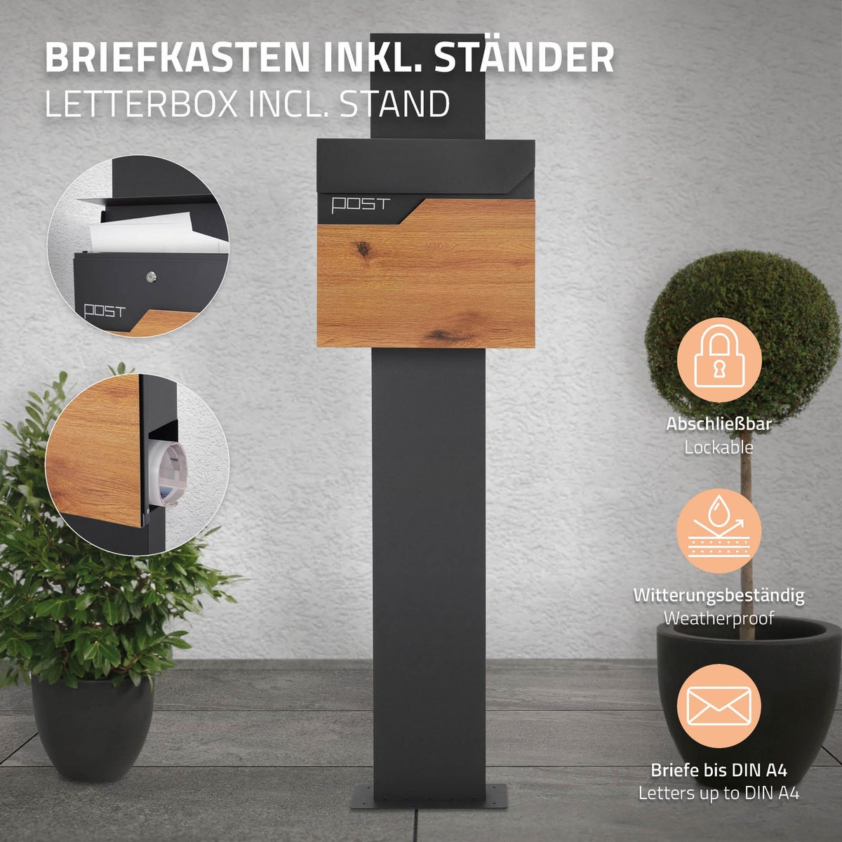 ECD Germany vrijstaande brievenbus met krantenvak, design brievenbus met post, brievenbussysteem, antraciet brievenbusstandaard 170cm roestvrij staal, antraciet houtlook brievenbus, gepoedercoat roestvrij staal