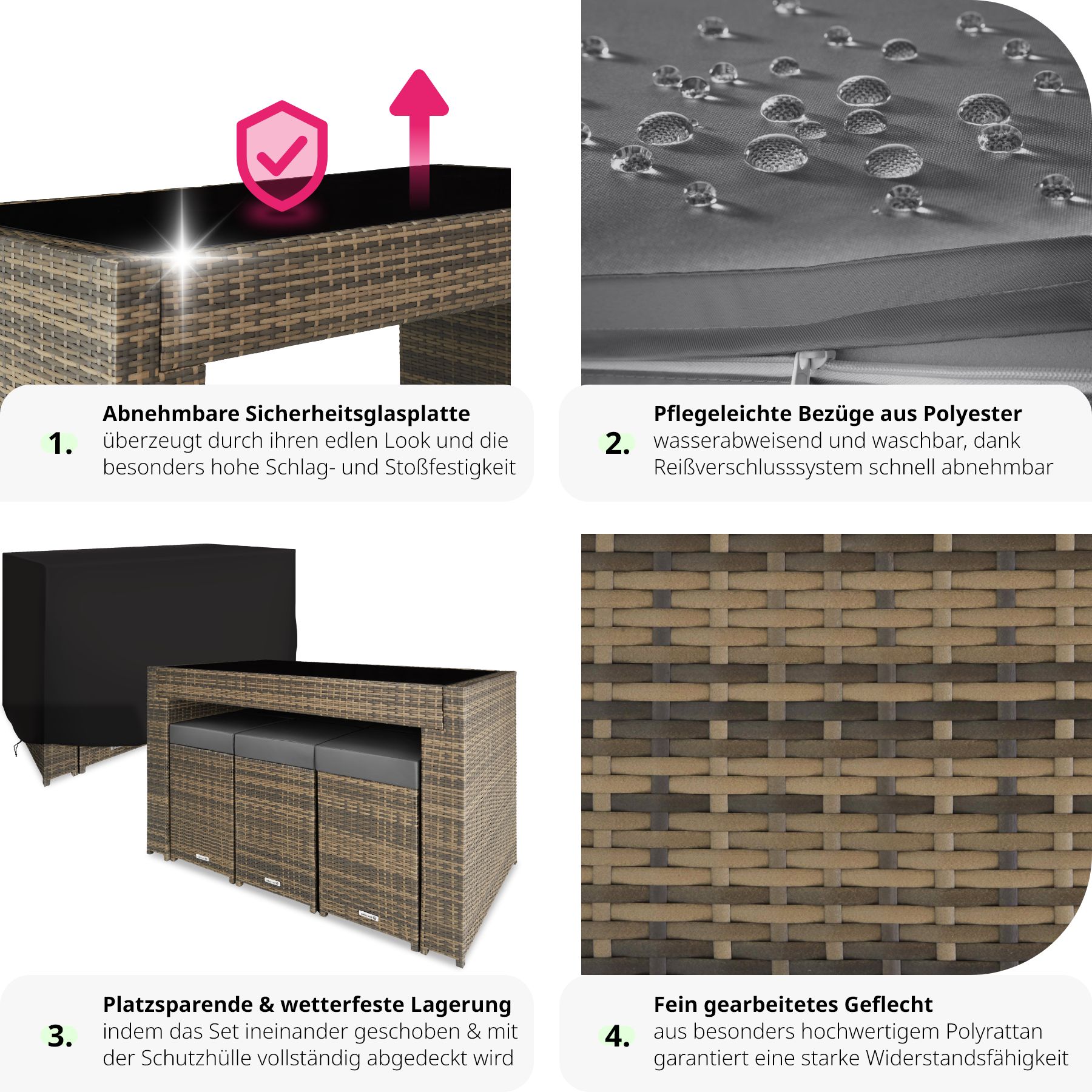 tectake® Rattan Barset, mit Aluminiumgestell, wetterfest und UV-beständig, 2 Bezugssets