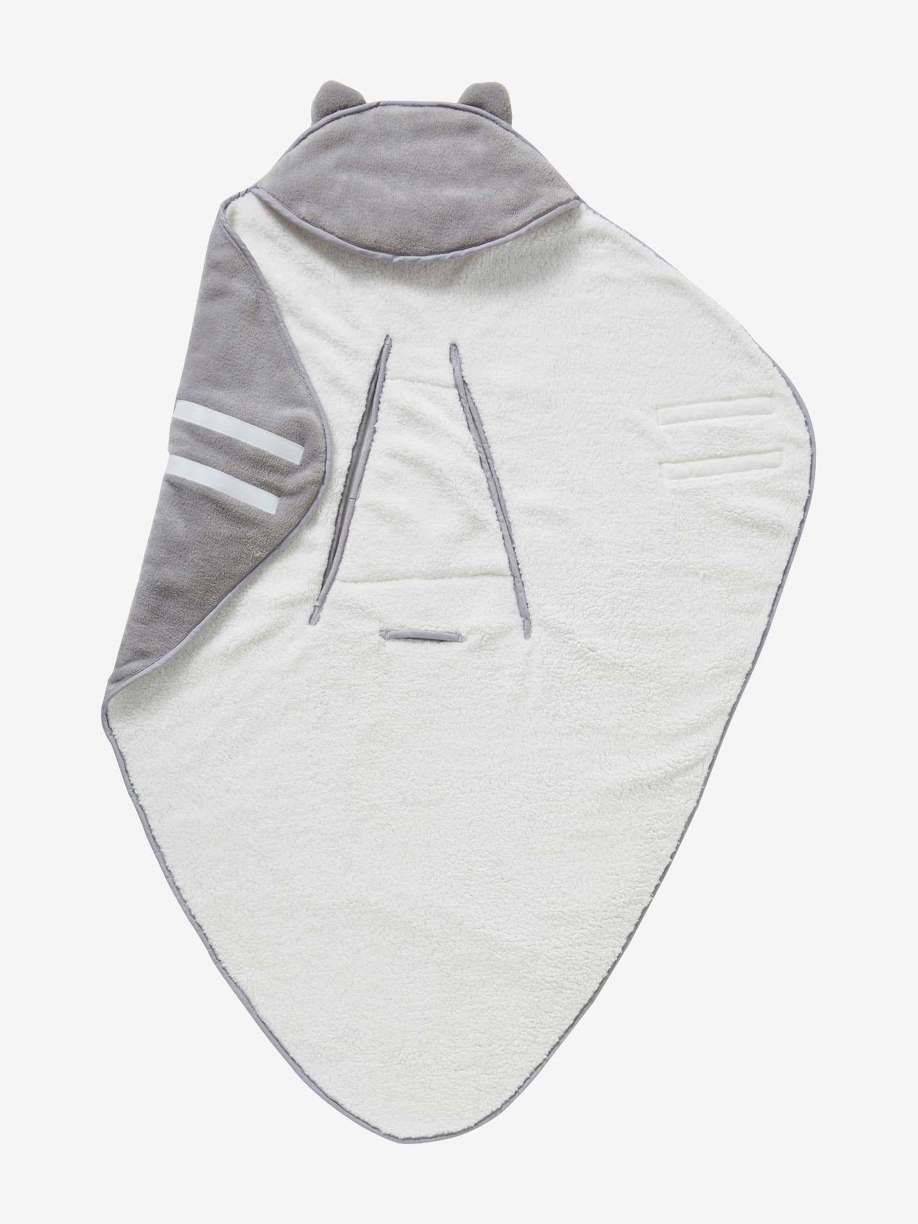 Manta para bebê com capuz, feita de microfibra e fleece cinza liso.