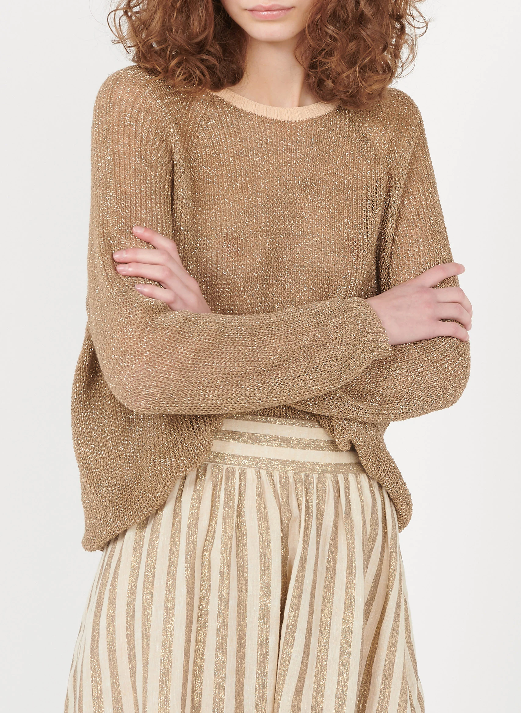 RIO - Pull col rond ample en maille métallisée | Beige