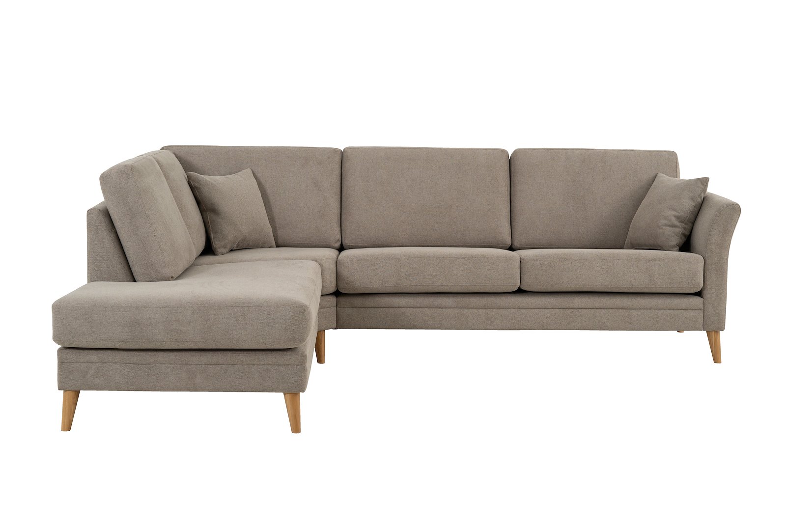 Eden hjørnesofa 2,5-seter med åpen ende venstre. Tekstil Brooklyn 9 Cappuccino med ben i eik natur (15137).
