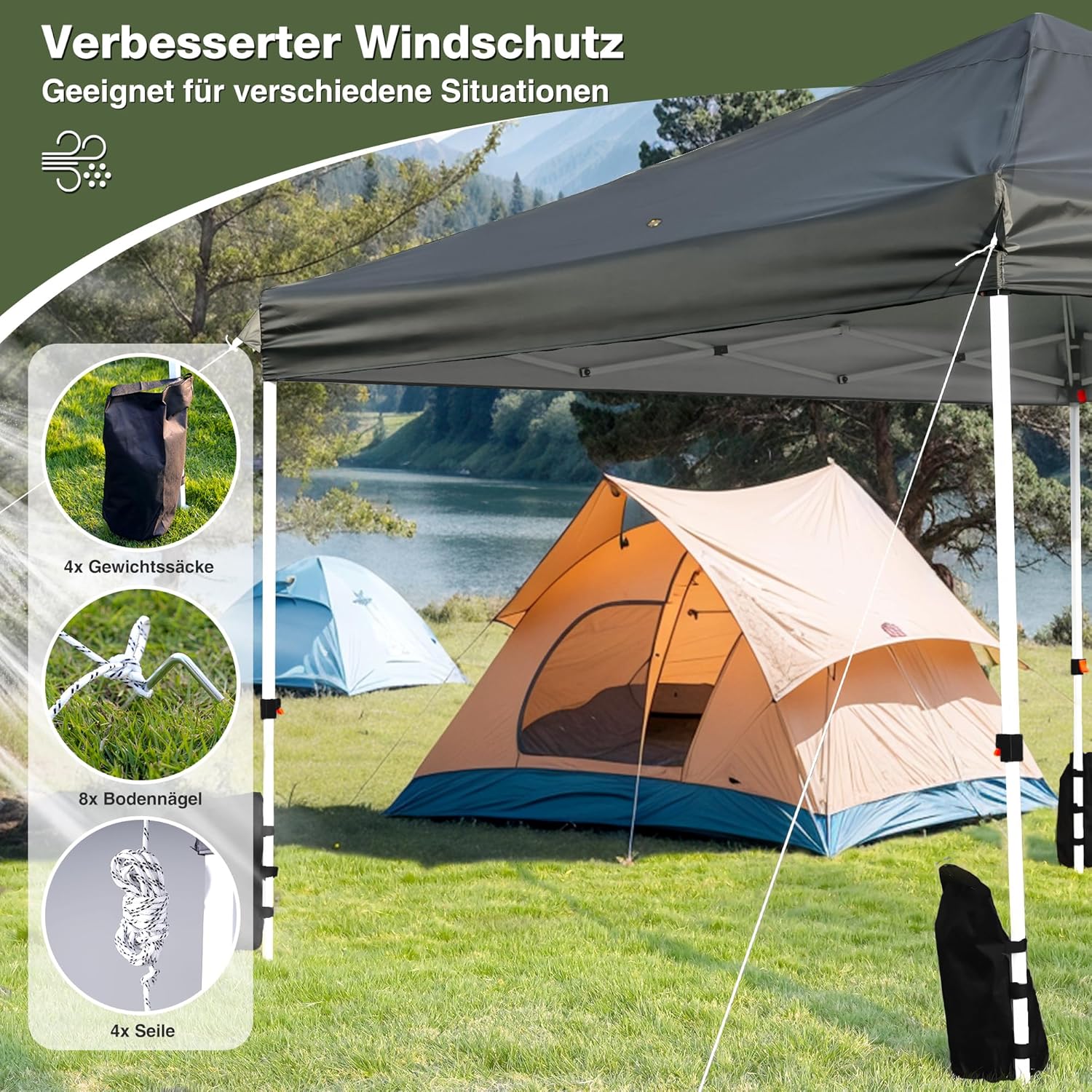 Pop up Pavillon 3x3 Wasserdicht Stabil Winterfest, Faltpavillon mit Gewichte, Pavillon Faltbar Höhenverstellbar mit Tasche mit Rollen, Partyzelt UV Schutz 50+, Gartenzelt, Dunkelgrau