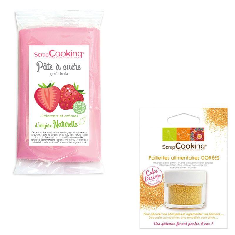 Pâte à sucre rose 250 g arôme fraise + paillettes dorées Scrapcooking