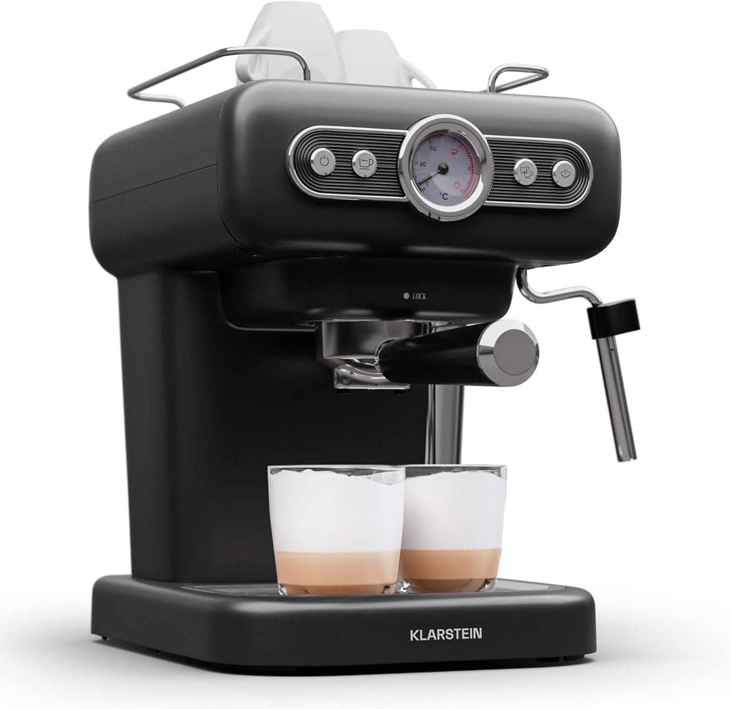 Klarstein Espresso Siebträgermaschine mit Milchaufschäumer, 1,2L Retro Mini-Espressomaschine mit Siebträger, 950 W Klein, Edelstahl-Kaffeemaschine für Cappuccino, Latte & Macchiato
