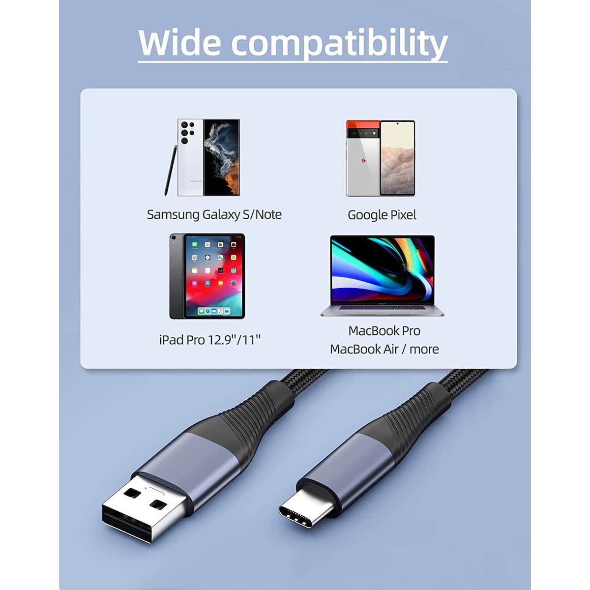 NÖRDIC 2m USB3.2 Gen1 USB-C til A nylonflettet kabel hurtiglading 3A 5Gbps Strømforsyning PD 60W