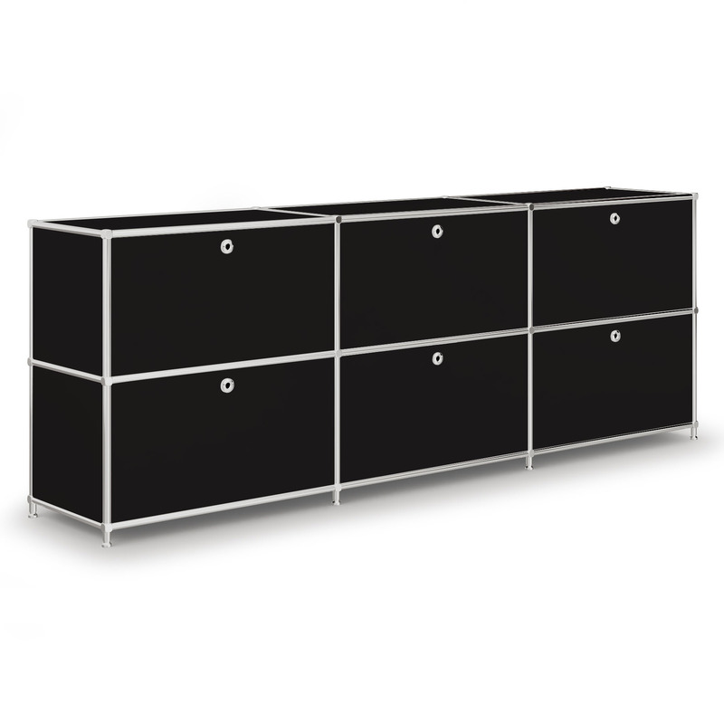 Sideboard VEROM, 3 Schubladen, 3 Klapptüren, mit Lochgriffen, schwarz