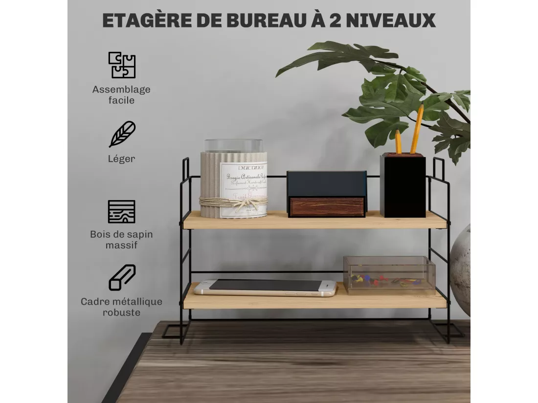 Organisateur de bureau, étagère de rangement de bureau à 2 niveaux, 42l x 16,5P x 24,5H cm, étagère en bois et structure métal noir