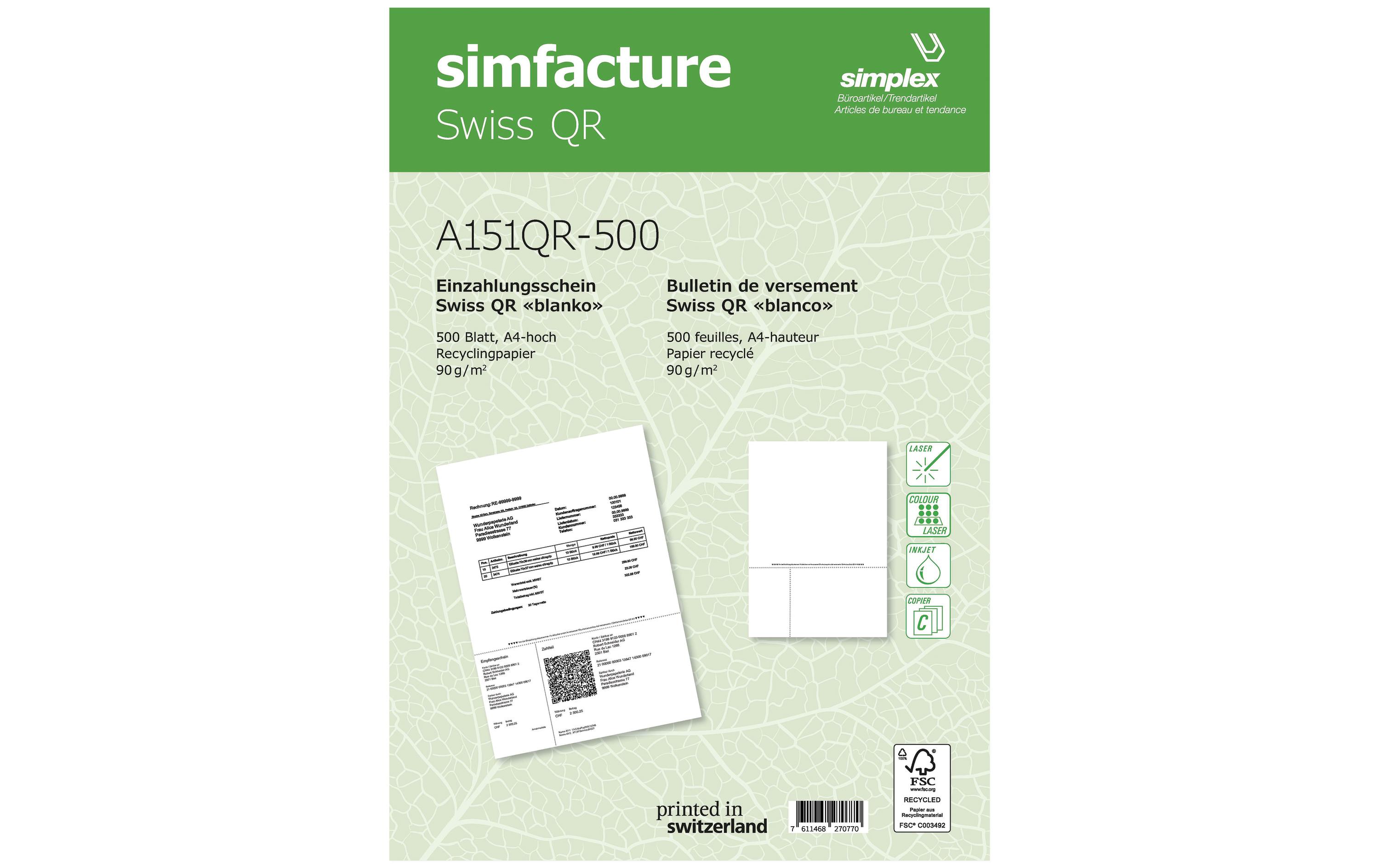 Einzahlungsschein Simfacture Swiss QR Recycling 500 BlattSWISS QR – Einzahlungsscheine