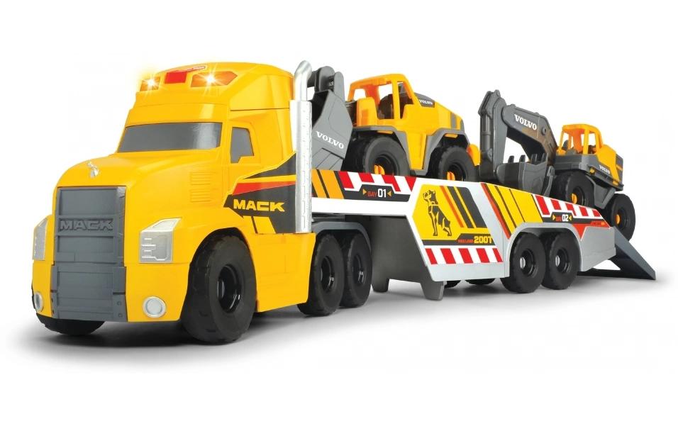 Baustellenfahrzeug Grosser Mack Truck mit 2 Volvo FahrzeugenGrosser LKW mit Anhänger mit Baustellenfahrzeugen