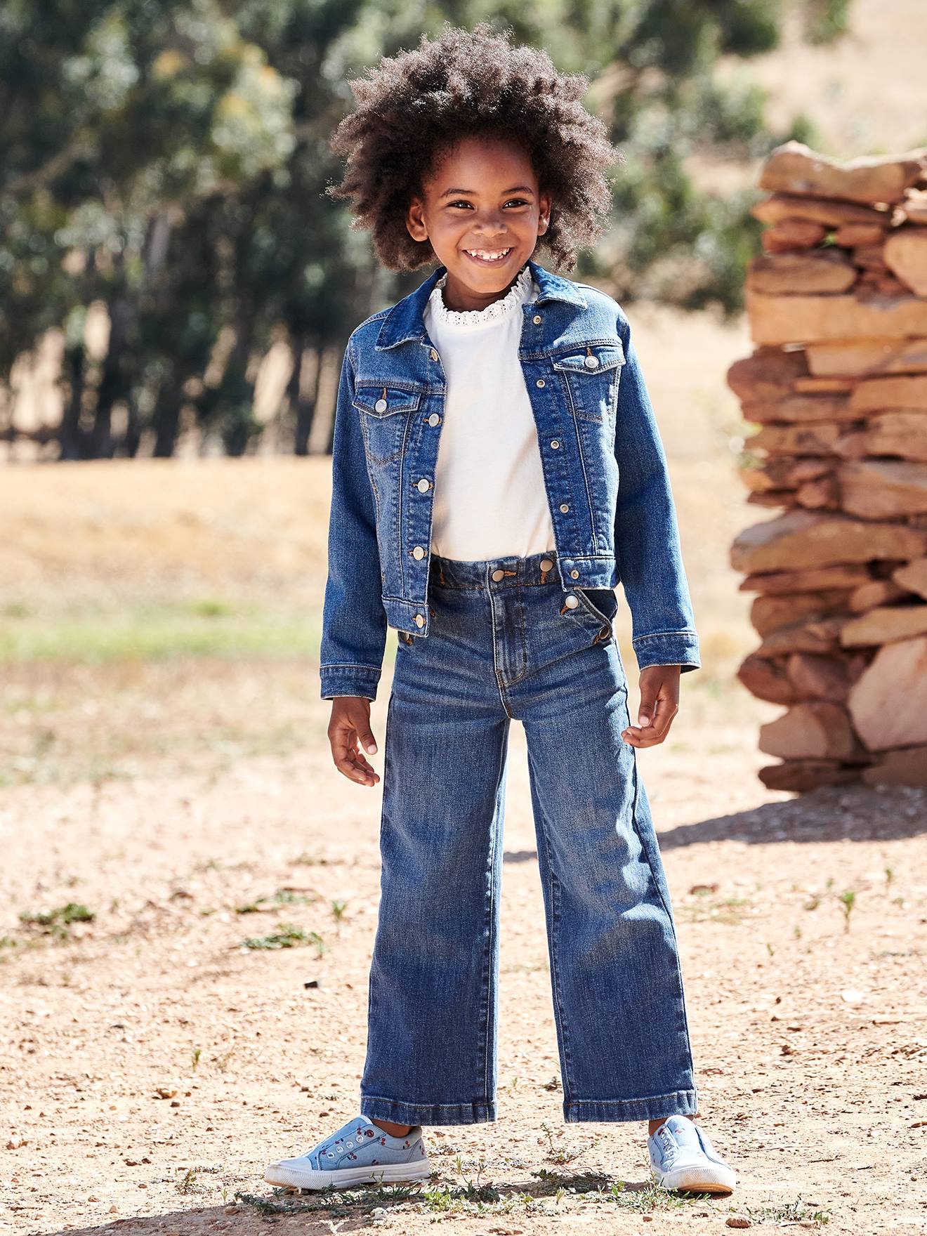 Calça jeans flare com efeito de ponte fantasia para meninas, cor pedra