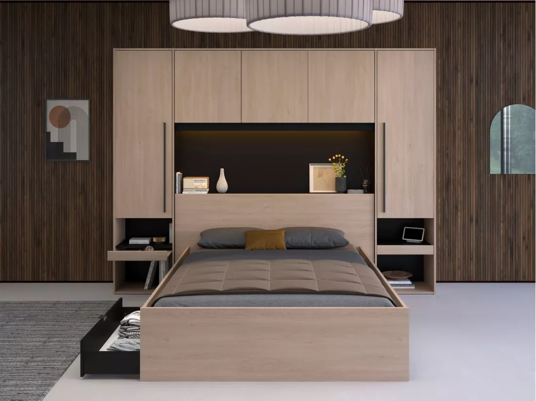 Pont de lit avec rangements - Avec LEDs - L265 cm - Coloris : Naturel et noir - VELONA