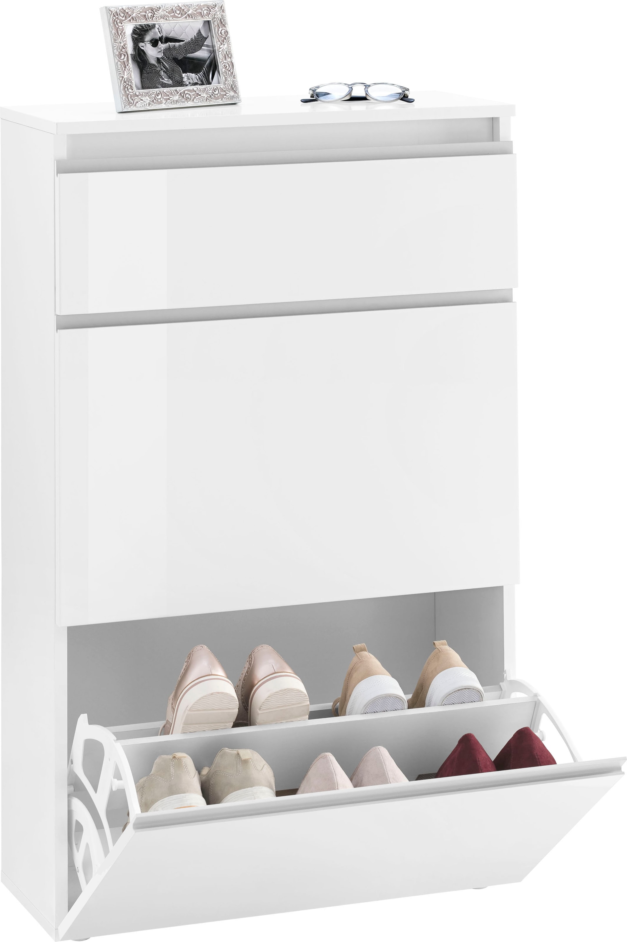 INOSIGN Schuhschrank »Magic Schuhschrank, Schuhkommode, Schuhregal, Schuhkipper, softgriff« 3 Klappen, Doppelschuhtrommeln komplett Hochglanz lackiert Breite 60cm