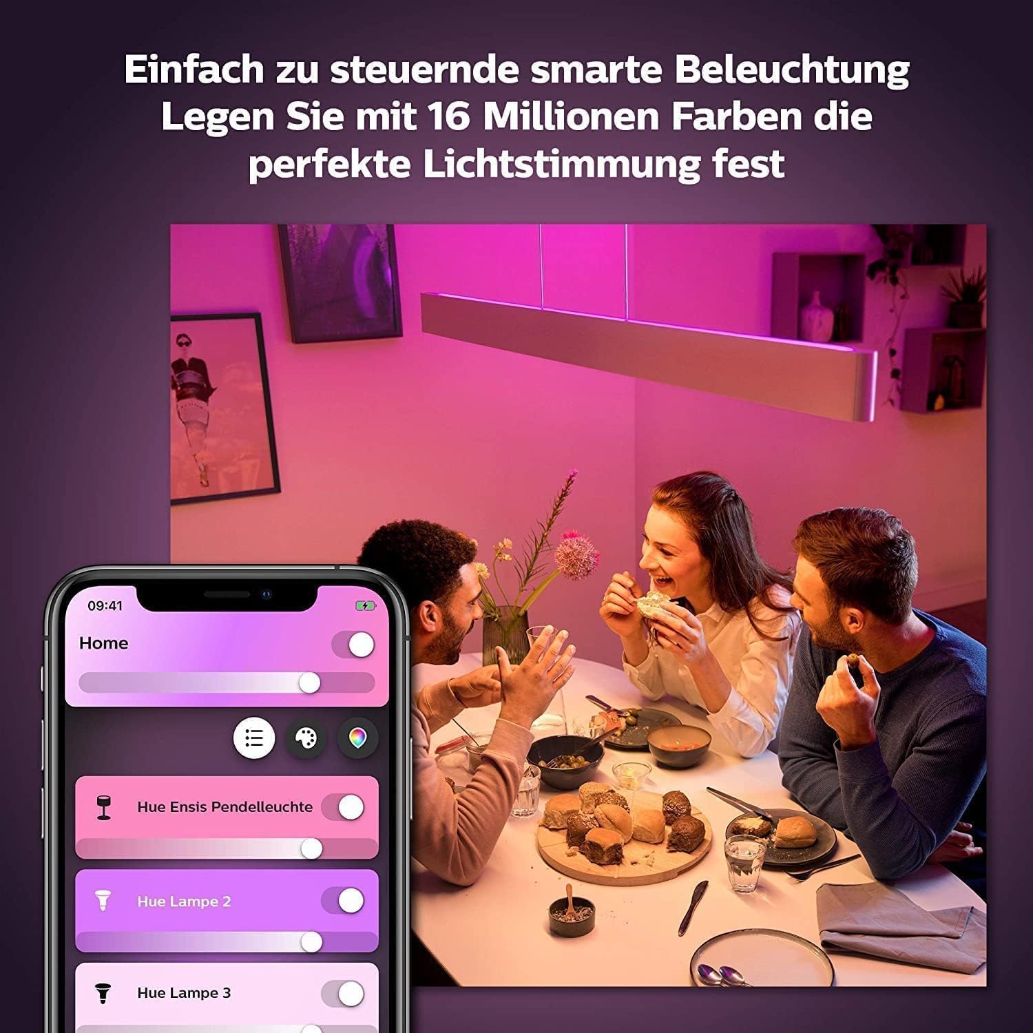 Philips Hue White & Color Ambiance Ensis Pendelleuchte (5.500 lm), dimmbare Esstischleuchte für das Hue Lichtsystem mit 16 Mio. Farben, smarte Lichtsteuerung über Sprache oder App, weiß
