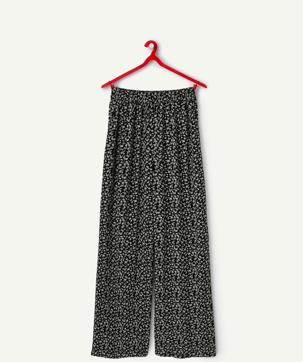 PANTALON LARGE FILLE EN VISCOSE RESPONSABLE NOIR AVEC IMPRIMÉ FLEURI