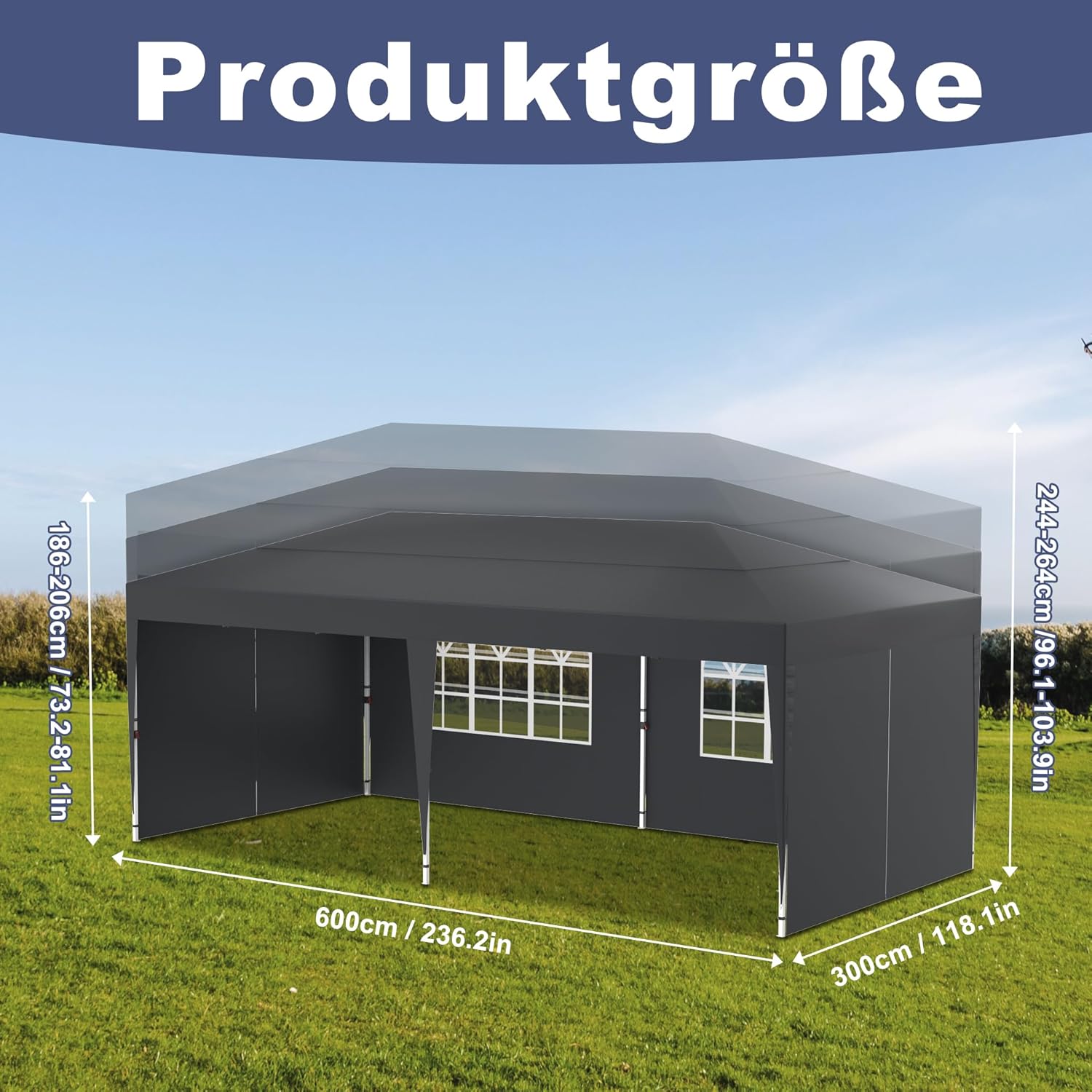 Pavillon Höhenverstellbar 3x6m Pop-Up Faltpavillon Wasserdicht Partyzelt Gartenzelt mit Tragetasche Stabil Festzelt Gartenpavillon Für den Außeneinsatz Geeignet - mit Seitenwände - Anthrazit