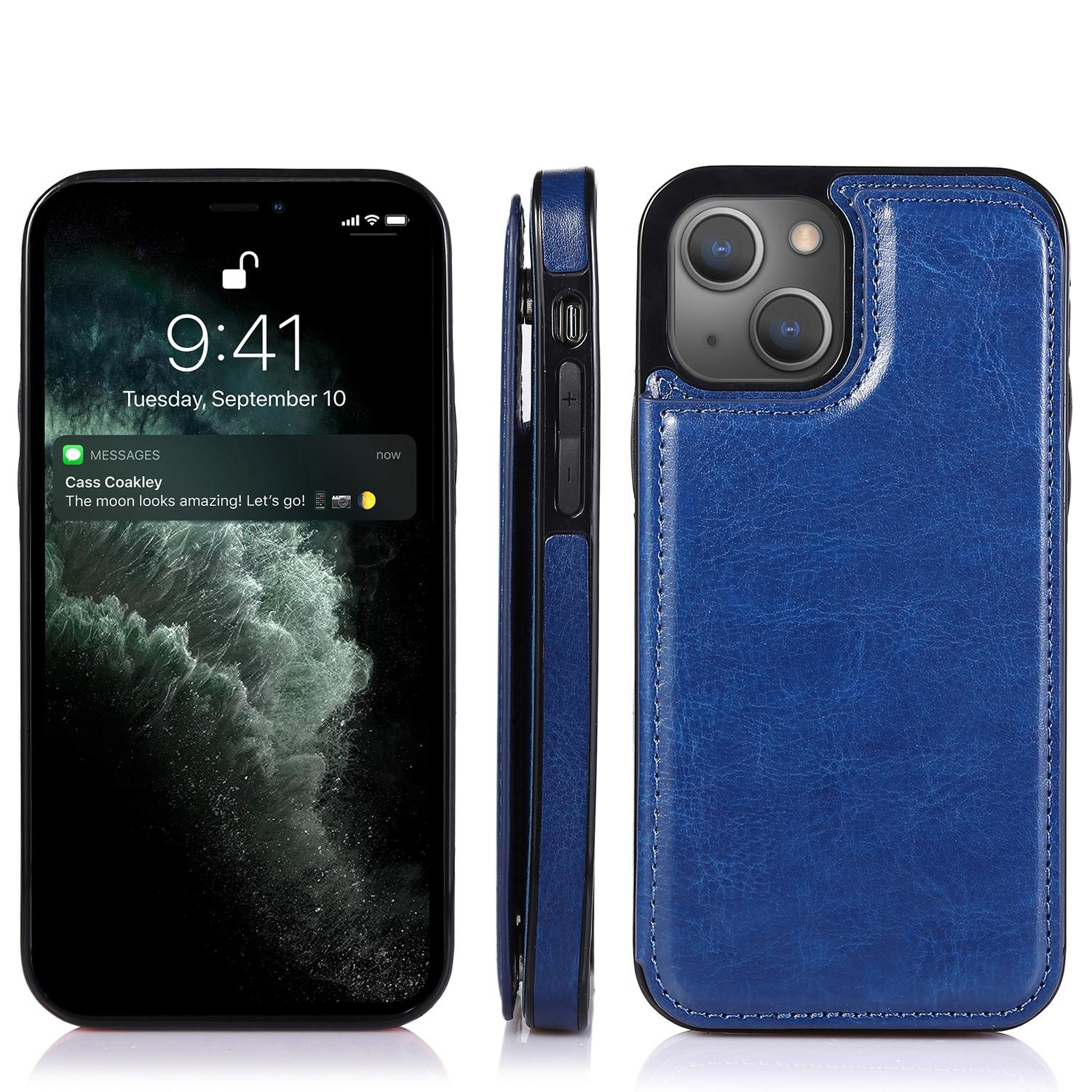 iPhone 14 Hybrid Leder Hülle mit Kartenfach   Kickstand Aufsteller - Blau