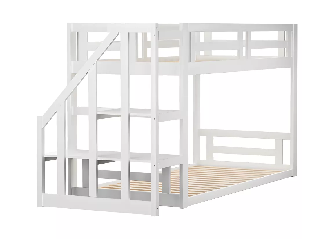 Lit mezzanine cabane avec escalier de rangement - 90x200cm - blanc - Sweiko