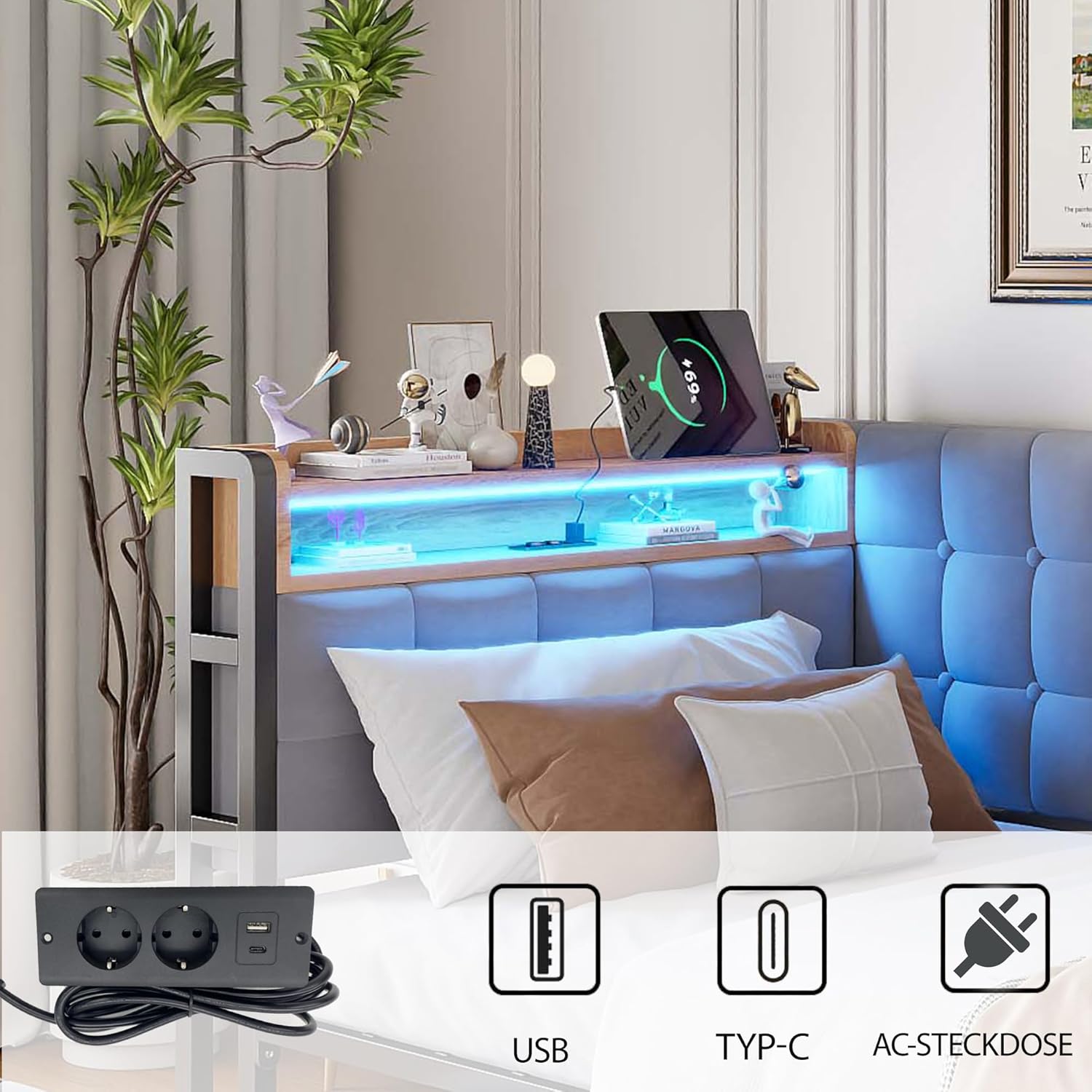 Polsterbett Schlafsofa 90x200 cm mit 2 Schubladen, Einzelbett mit LED Leuchten, USB und Typ-C-Anschluss, Metallbettgestell, Jugendbett Daybett, Samt, Hellgrau, ohne Matratze