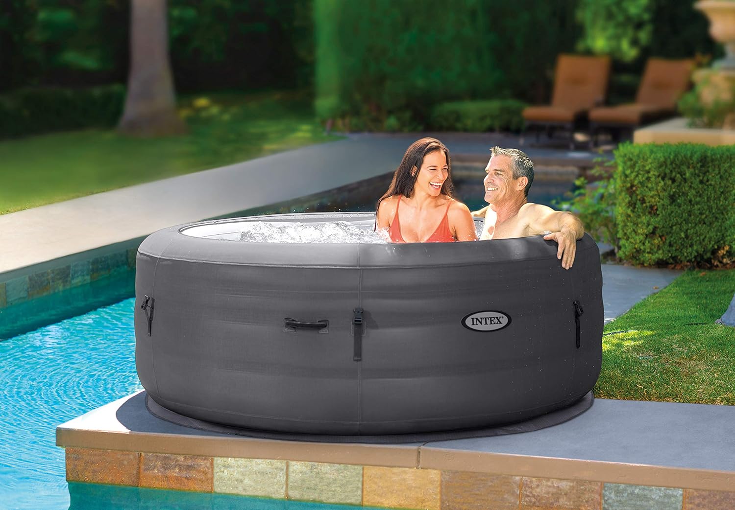 Intex 28482 - Whirlpool aufblasbar Simple Spa, 4 Personen, 100 Düsen, Heizung, Grau, ⌀ 196x66 cm
