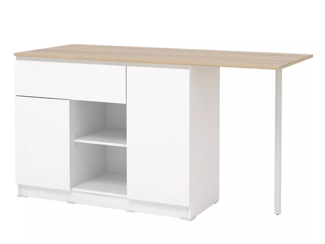 Ilot central de cuisine avec 2 portes, 1 tiroir et 2 niches - Blanc et naturel - TUNORI