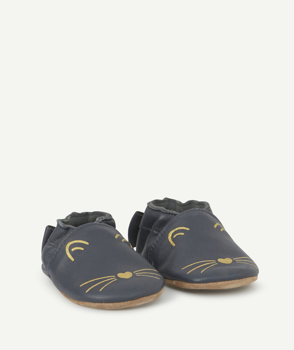 ROBEEZLES CHAUSSONS EN TANNAGE VÉGÉTAL BLEU MARINE AVEC CHATS