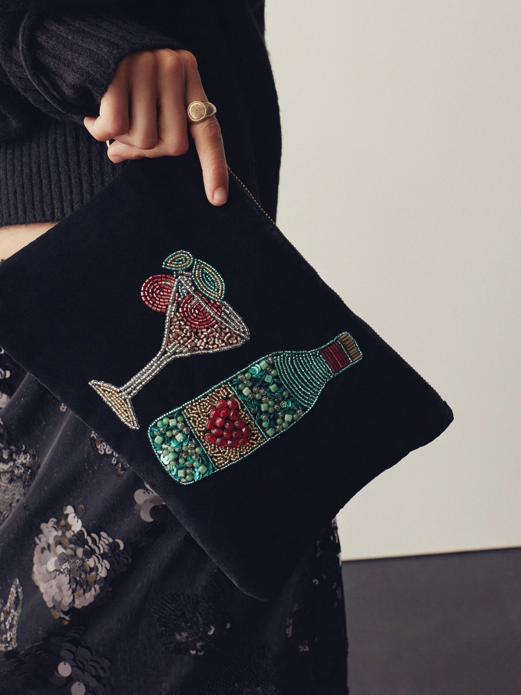 Zwart - Beaded Martini Velvet Pouch