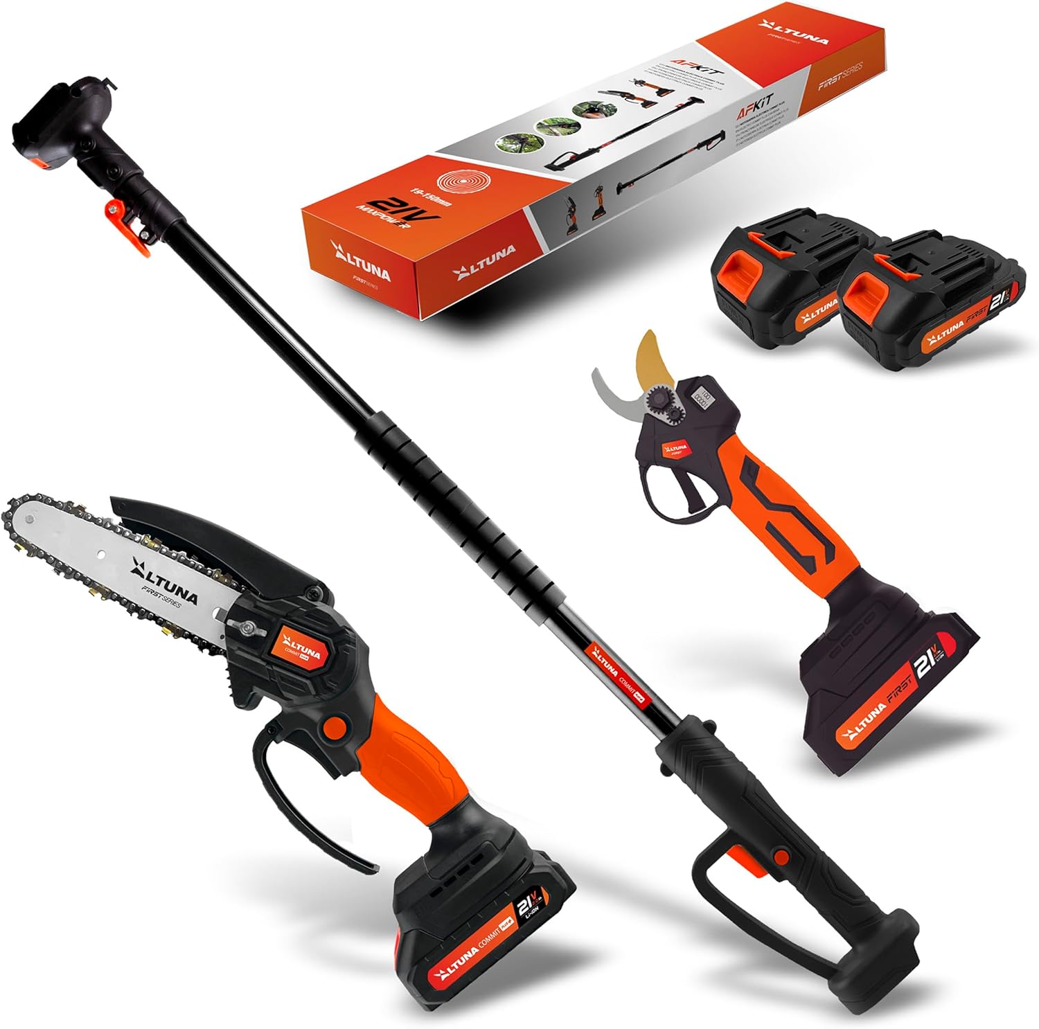 Altuna Kit für Akku-Gartenschere Titan - Elektrische Kettensäge + Elektrische Gartenschere + Teleskopstange für Höhenarbeiten von 1,63 Metern - Inklusive 2 Akkus - Mit Ladegerät und Schutzbrille