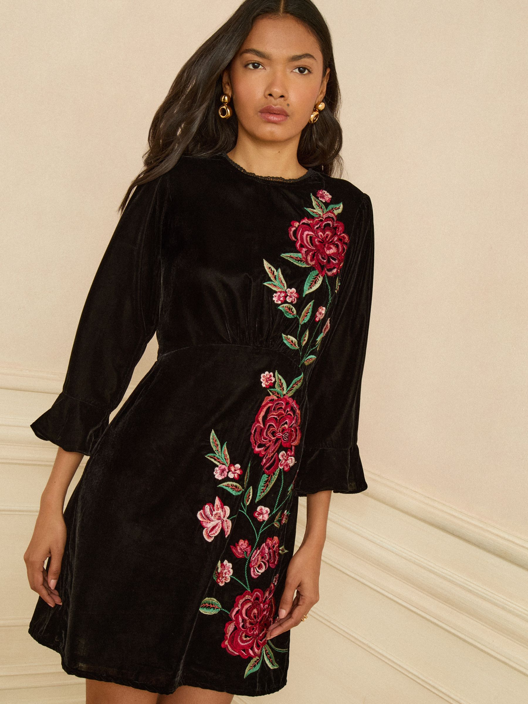 Love & Roses Velvet Rose Embroidered Mini Dress