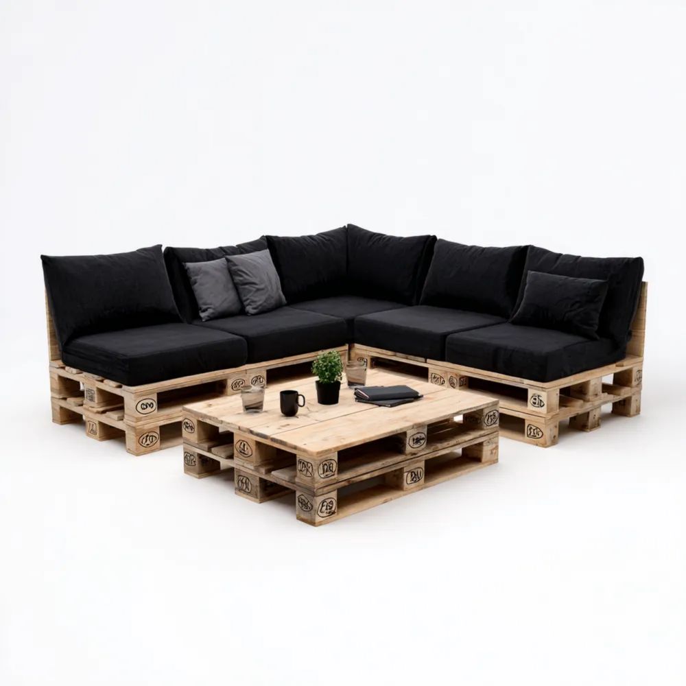 Paletten-Sofa-Set aus Holz 250x200x80 cm - Schwarz - Rustikales Design