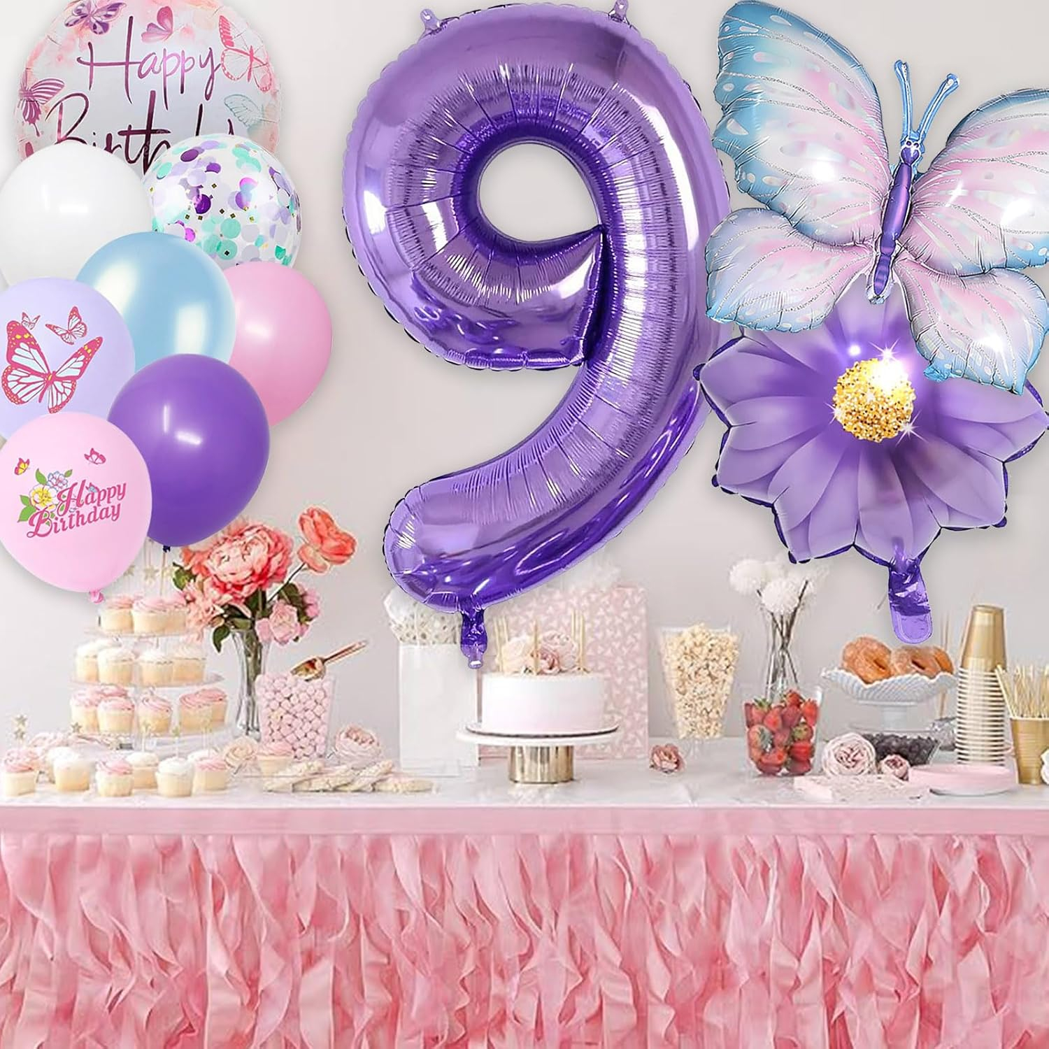 (7-tlg. Set) Zahlen Ballon Kinder Geburtstags Party Folienballon inkl. Latex Luftballons - Zahl 9 / Schmetterling