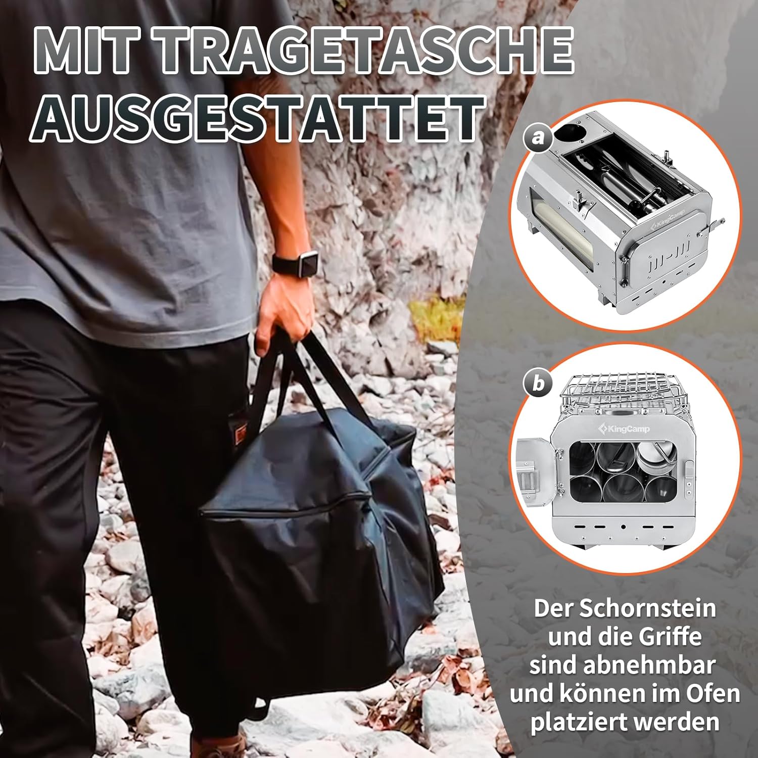 KingCamp Zeltofen Tragbarer Edelstahl Holzofen mit großer Sichtscheibe, faltbarem Gestell und Grillfunktion, Camping Ofen mit Rauchrohren, Aschekasten und Handschuhen für Zelt, Outdoor & Garten