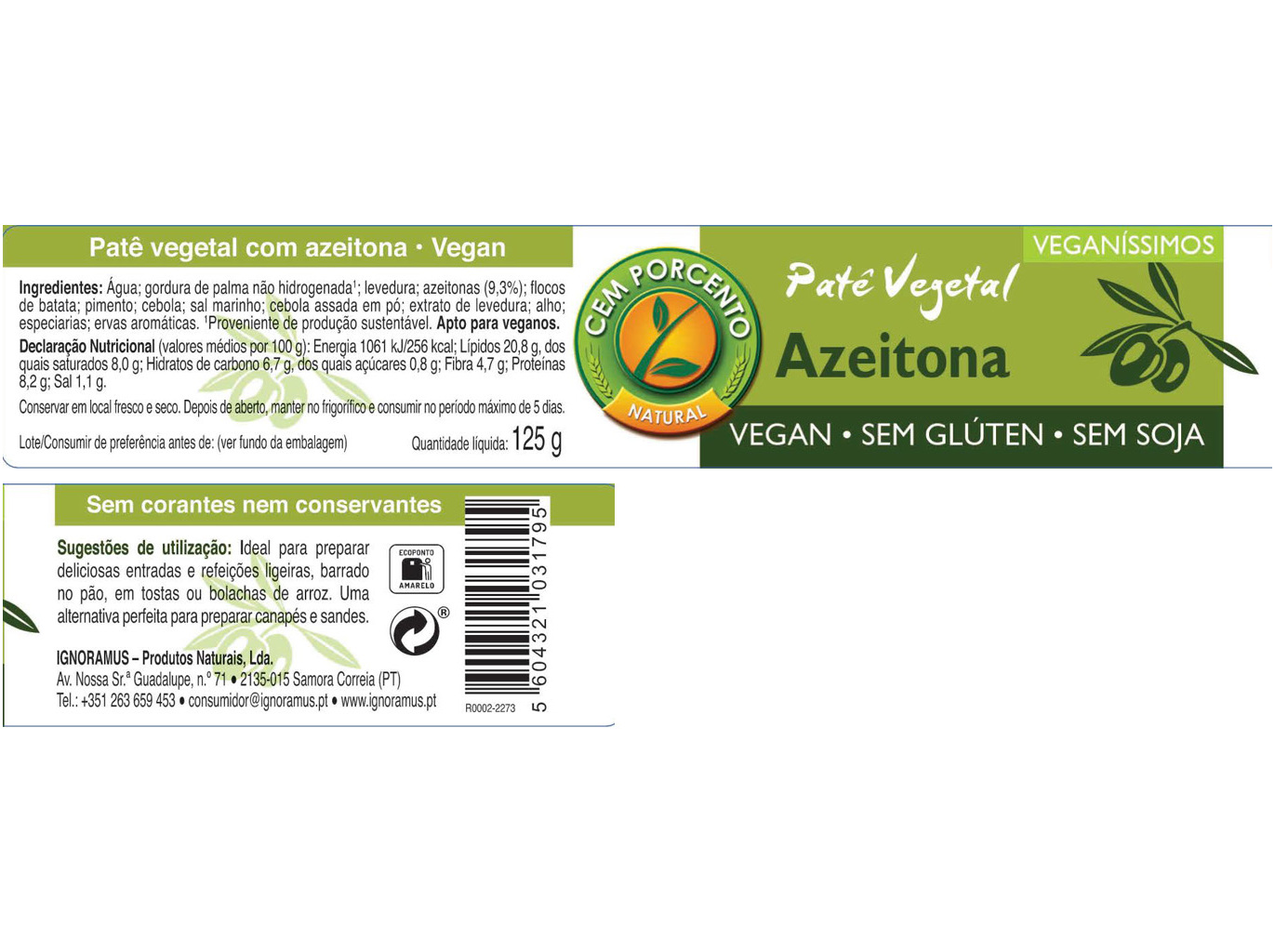 PATÉ CEM PORCENTO VEGANÍSSIMOS AZEITONA 125G