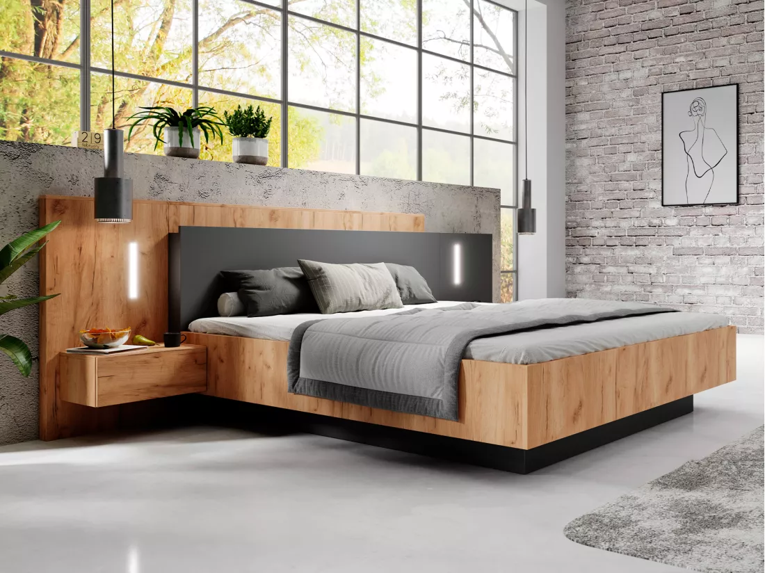 Lit coffre avec chevets 160 x 200 cm - 2 tiroirs - Avec LEDs - Coloris : Naturel et anthracite + Matelas - FRANCOLI