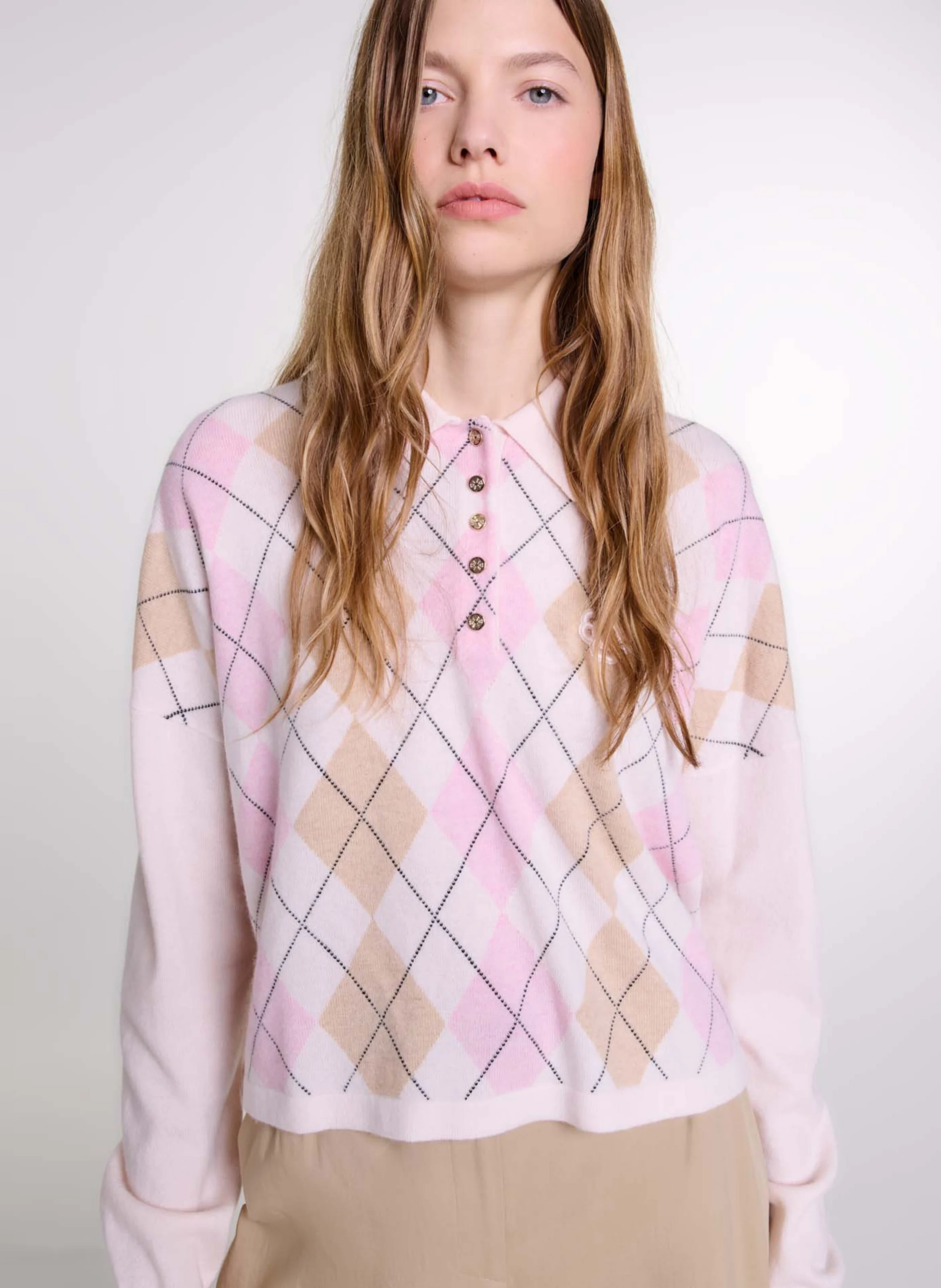 Pull court col polo en laine mélangée | Beige