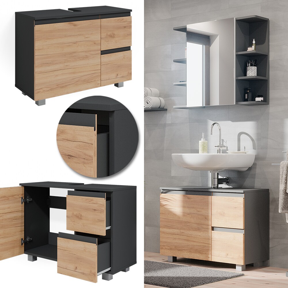 Vicco Waschtischunterschrank Waschbeckenunterschrank Badschrank J-shape Anthrazit Eiche modern 80x61cm Badezimmer Schrank Badmöbel Schranktür Schrankschublade Aufbewahrung