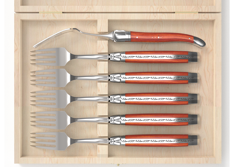 Service de 6 fourchettes Laguiole avec un manche en bois de rose et mitres en acier inoxydable