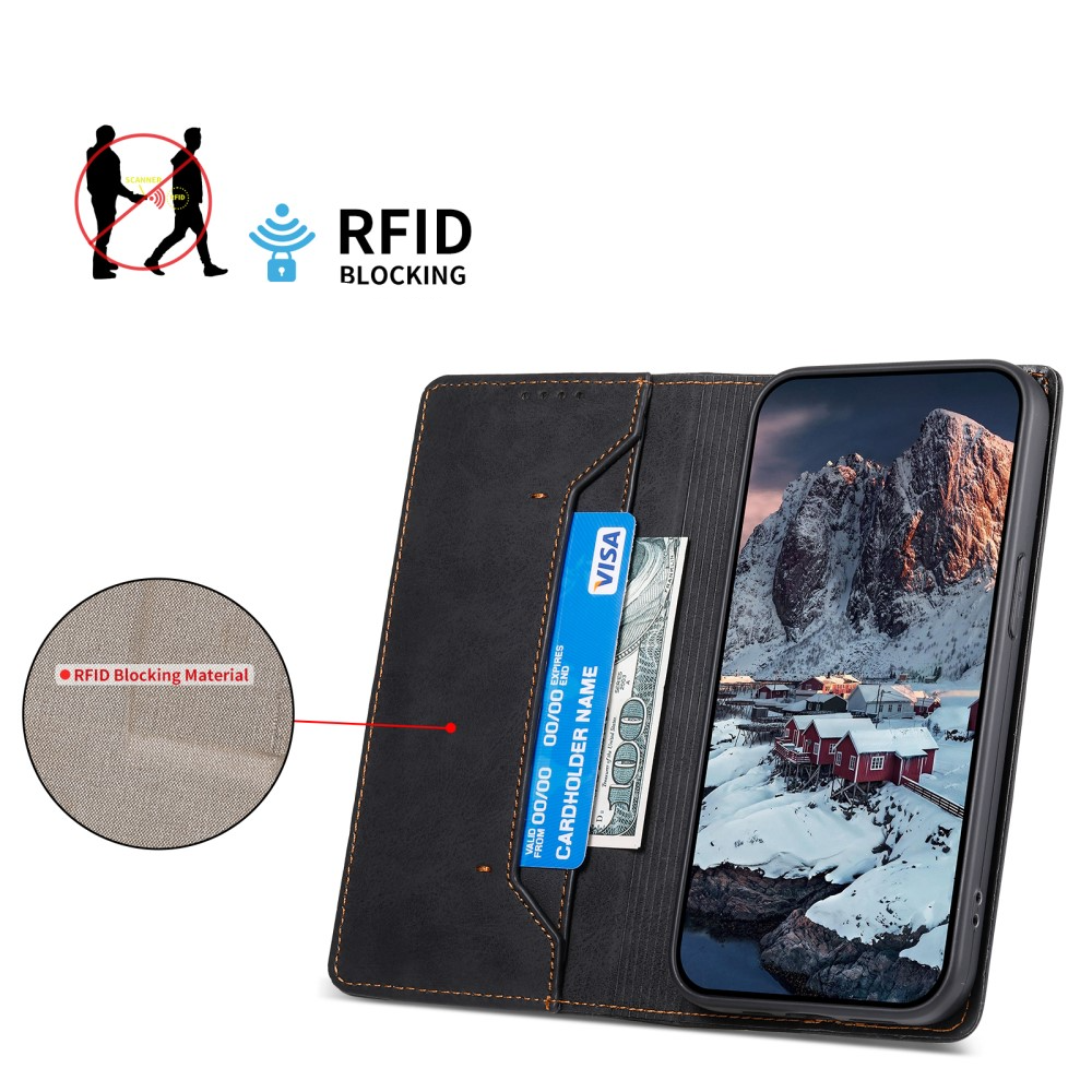 Samsung Galaxy S25 Ultra Leder Tasche Flip Wallet Etui mit Kartenfächern (RFID Schutz) - Schwarz