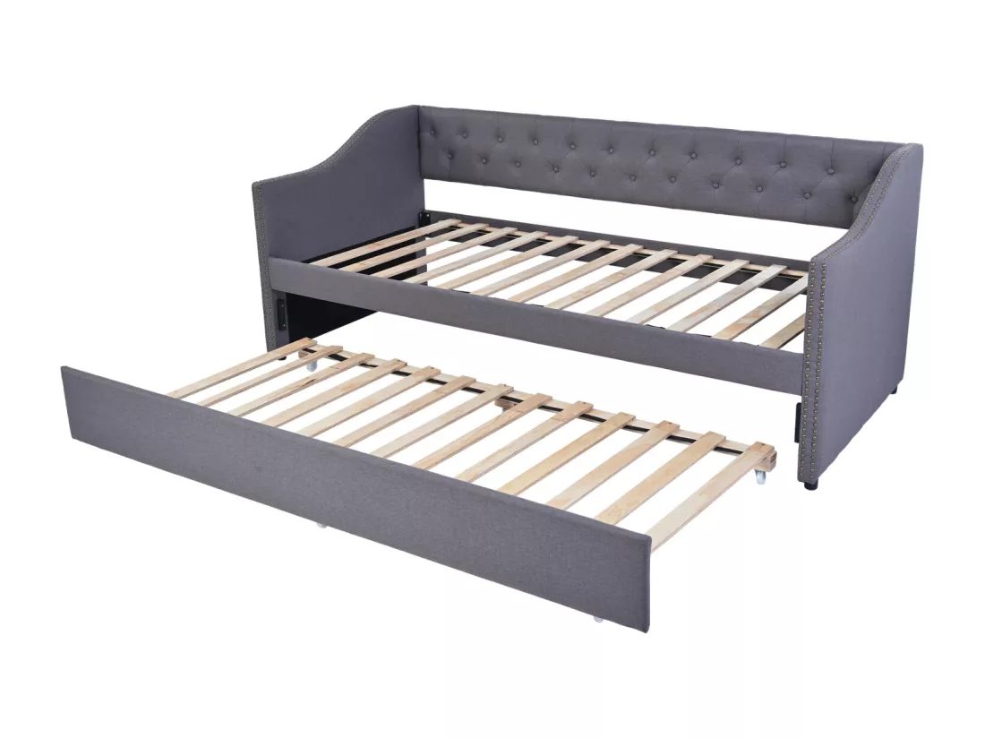 lit gigogne 90x200cm, canapé-lit, lit banquette 2 places, sommiers à lattes, canapé lit convertible style moderne - Gris