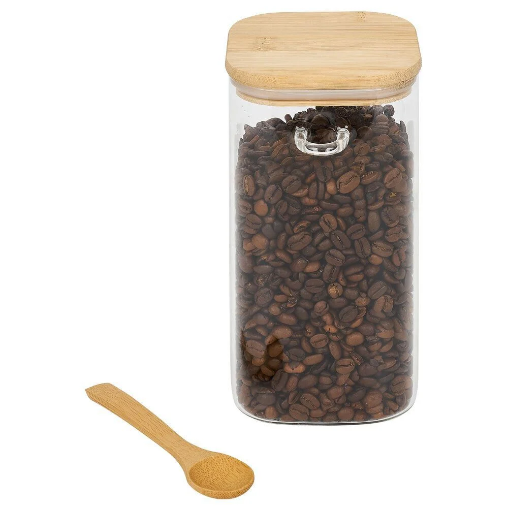 Bocal en verre transparent 1,25L avec couvercle et cuillère en bambou
