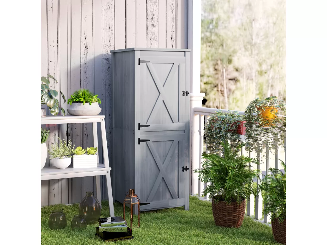 Armoire de jardin en bois gris - 2 portes verrouillables, 2 étagères amovibles - dim. 60 x 60 x 160 cm