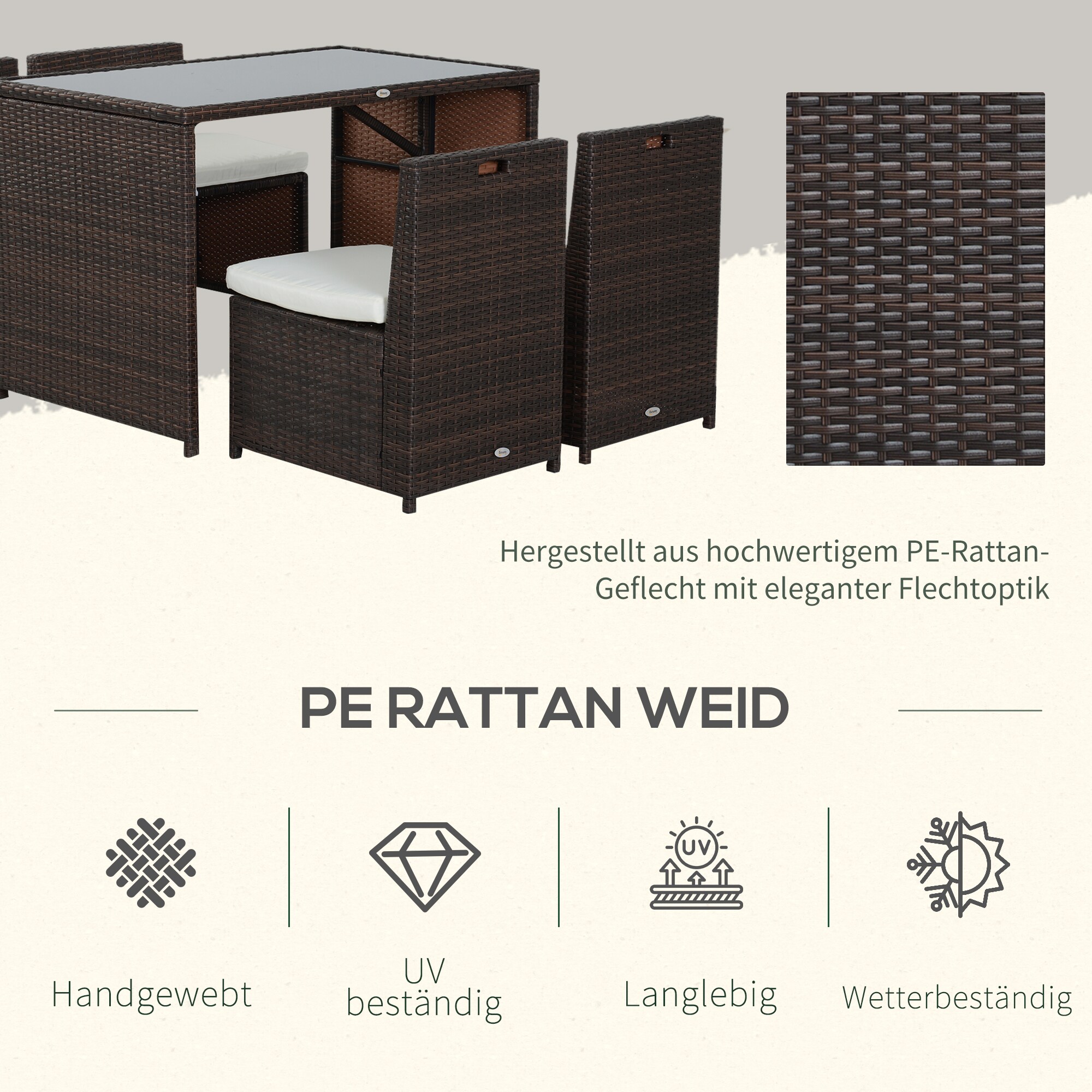 Outsunny Polyrattan Garnitur als 5-teiliges Set braun, cremeweiß 120 x 69 x 77,5 cm (LxBxH)
