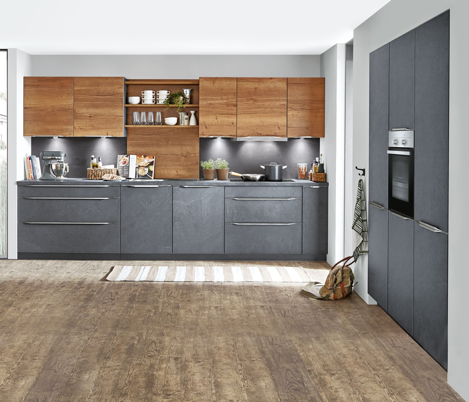 Küchenzeile Grauschiefer/Eiche Havanna Nachbildung 330 + 180 cm
