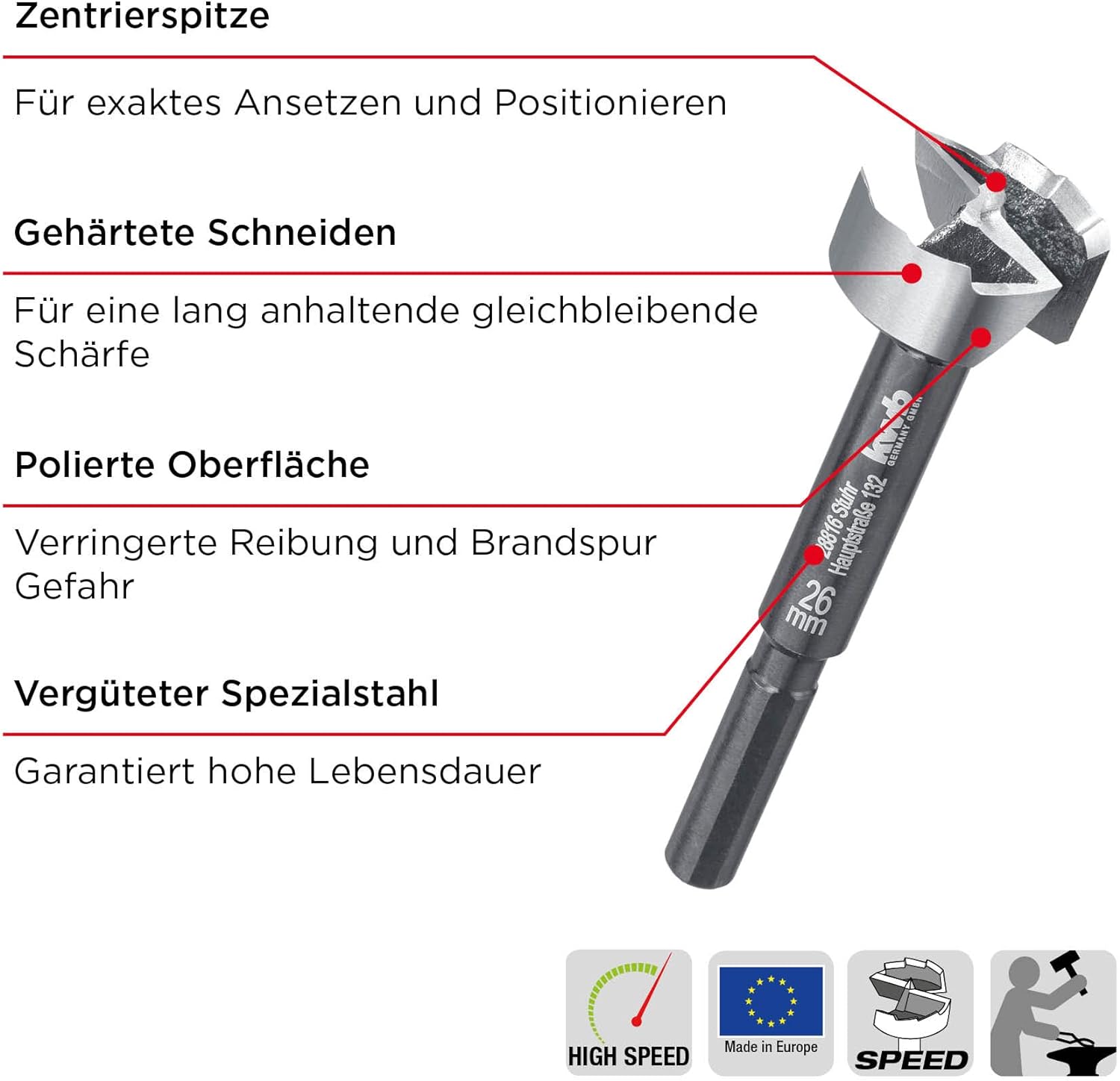 kwb SPEED Forstnerbohrer ø 50 mm aus vergütetem Spezialstahl mit präzisem Wellenschliff, Zentrierspitze, optimal geschärften sowie gehärteten Schneiden und polierter Oberfläche