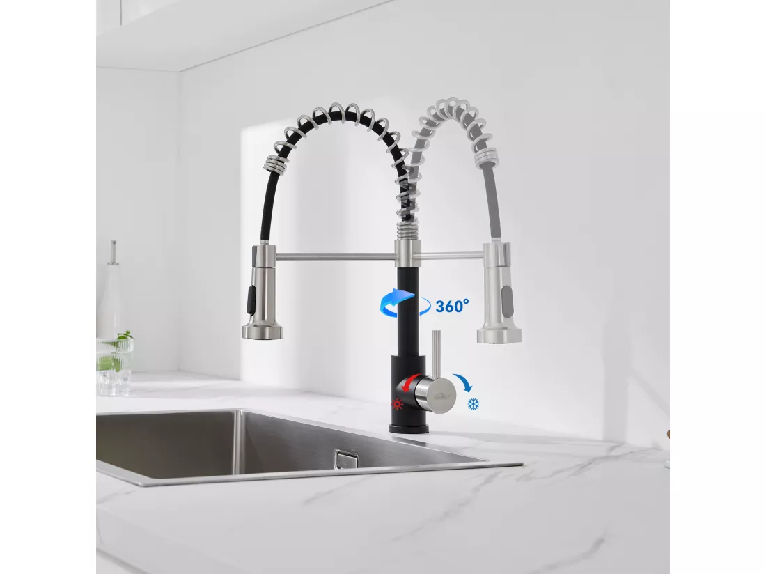 Mitigeur de Cuisine Noir à Ressort avec Douchette Extensible, Robinet Évier Rotatif à 360° avec 2 Modes,Froid & Chaud Disponible