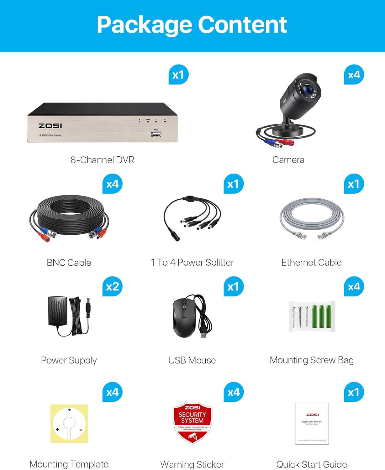 ZOSI 1080P Verkabelt Aussen Überwachungskamera Set ohne Festplatte, 8CH HDMI DVR, 4 Outdoor 2MP Video Sicherheitskamera, IR Nachtsicht, Bewegungsalarm