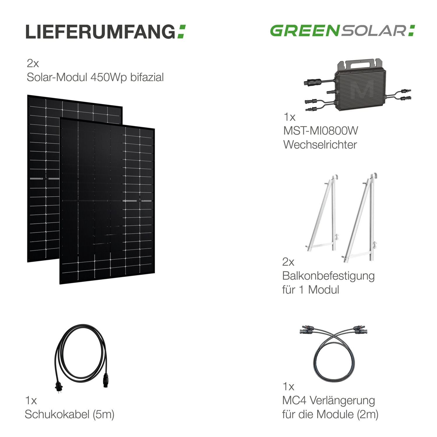 GREEN SOLAR Balkonkraftwerk 900/800 W mit Balkonbefestigung