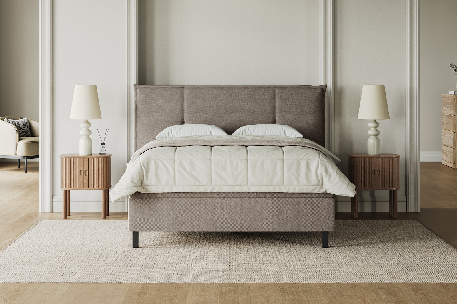 XOV Premium 15 Kontinentalseng 180x210 cm i tekstil storm 09 beige, fast/fast med Premium 15 overmadrass og sort firkantede ben, gavl selges separate