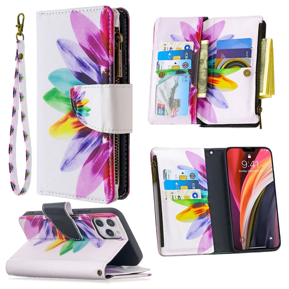 iPhone 12 / iPhone 12 Pro Leder Wallet Etui Tasche mit 9 Kartenfächern   Münzfach - Sonnenblume