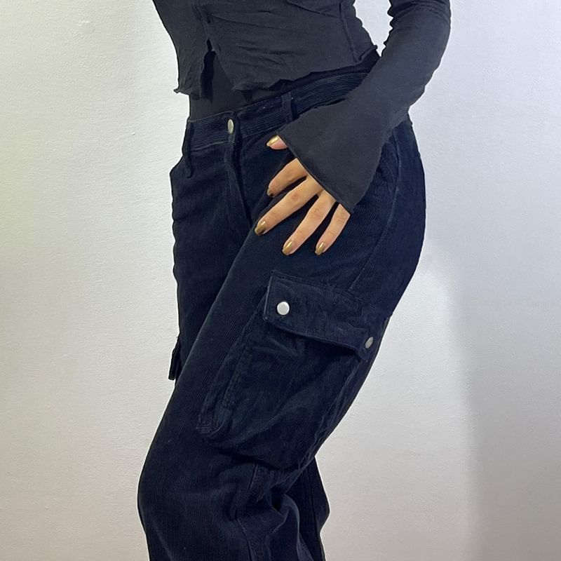 Cincine - Corduroy cargobroek met hoge taille en wijde pijpen